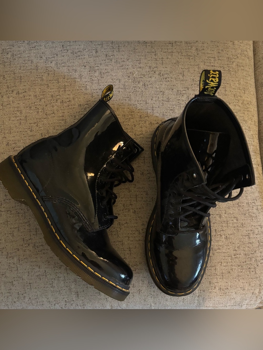 Dr. Martens Black Patent Lace-Up Combat Boots W11.  Great condition.